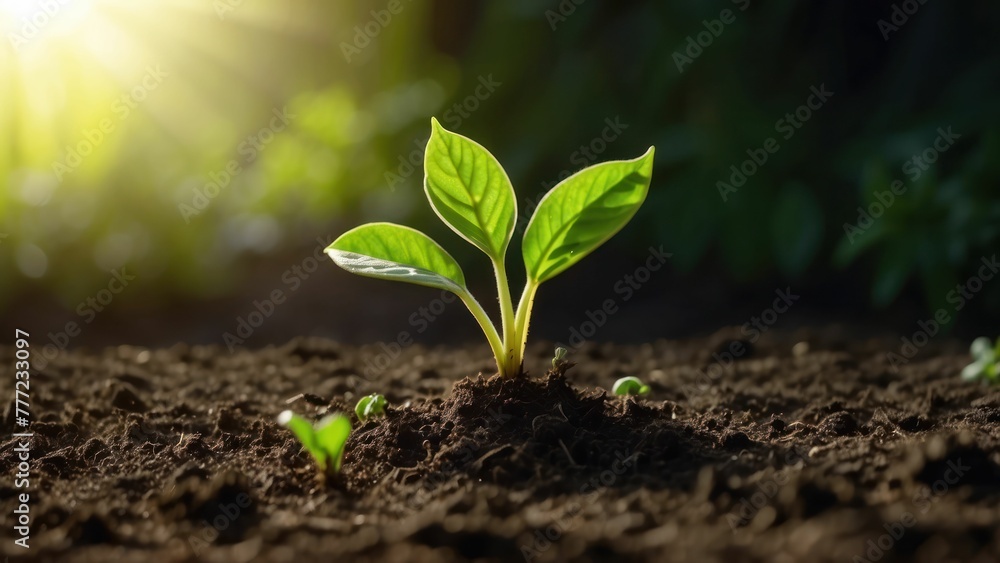 Young plant sprouting from soil at sunrise Young plant sprouting from soil at sunrise