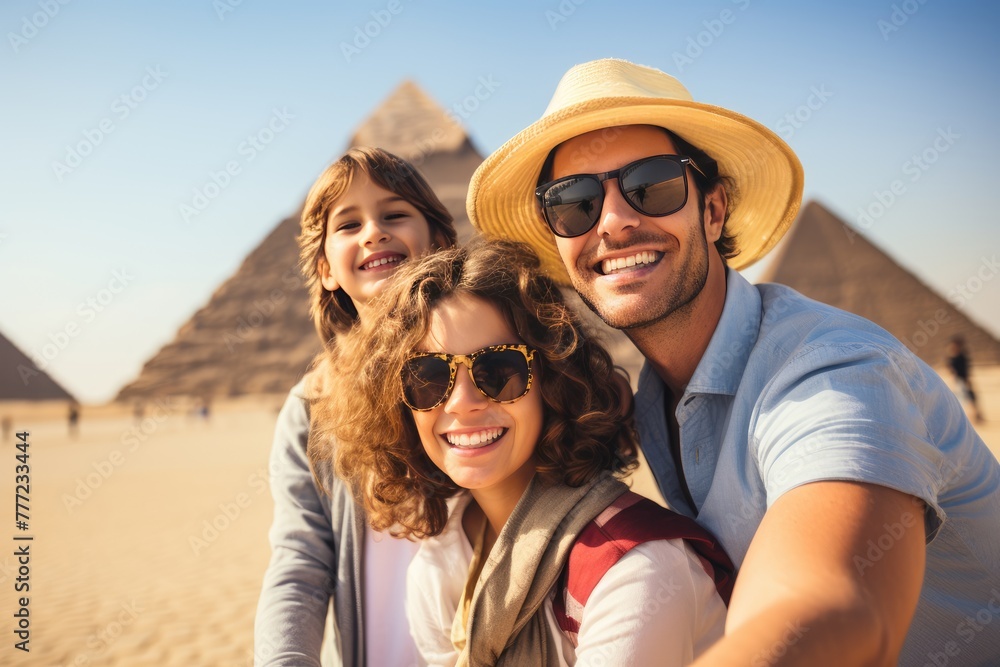 A family taking a selfie in front of the pyramids.