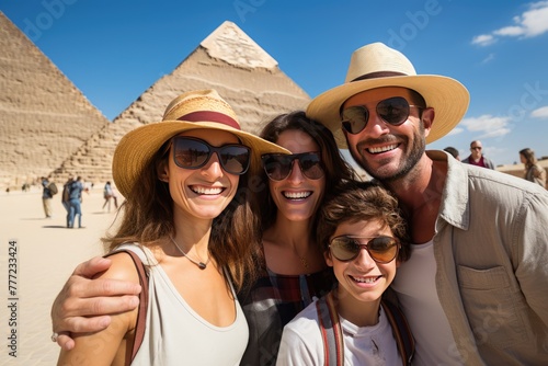 A family taking a selfie in front of the pyramids.