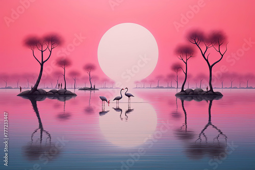 Lakeside Serenity: Pink Flamingo Ensemble Amidst Blues and Rosy Tints