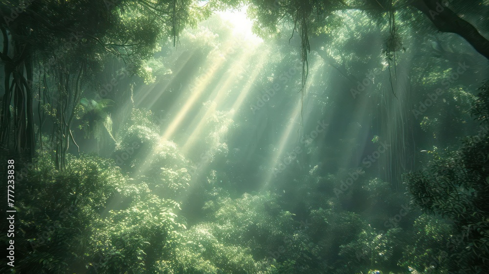 dense forest with sunlight filtering through towering trees, emphasizing the quiet strength of nature