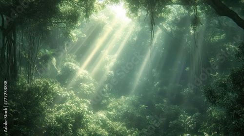 dense forest with sunlight filtering through towering trees, emphasizing the quiet strength of nature