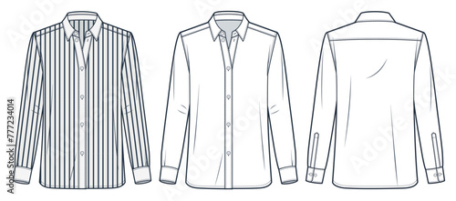Striped Shirt technical fashion Illustration. Classic Shirt fashion flat technical drawing template, button, relaxed fit, front, back view, white, women, men, unisex CAD mockup set.