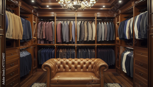 Luxury closet full of suits and a brown couch © Sascha