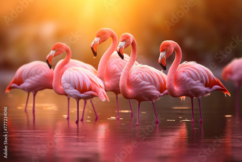 Flamingo Flock Gathering by the Lake