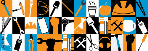 Many different symbols of profession, labor day.