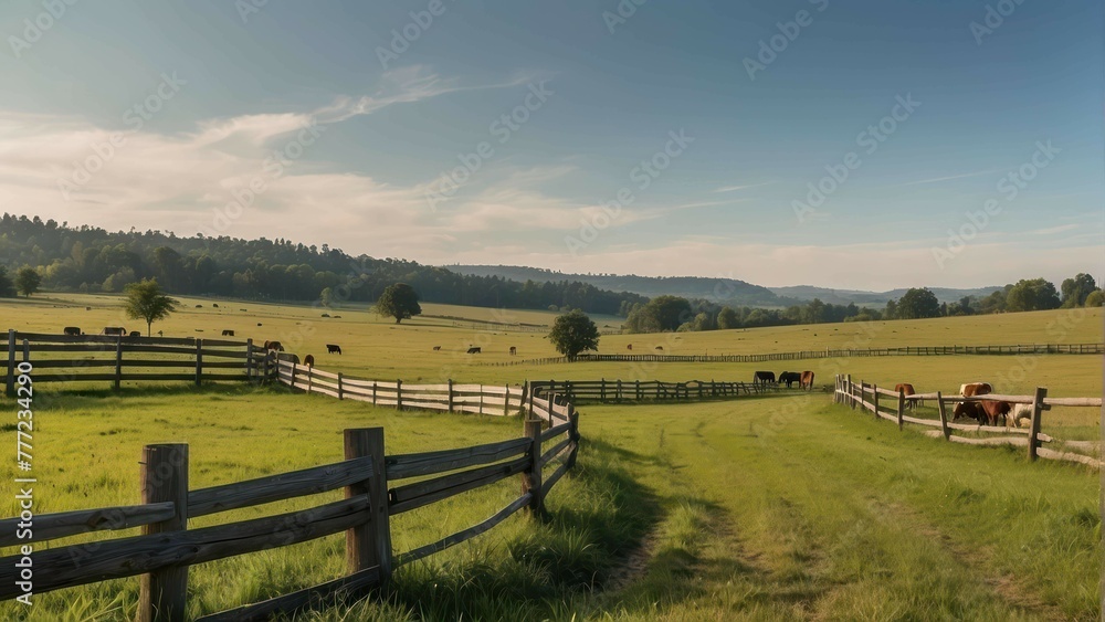 Serene farmland with grazing cows and sheep
