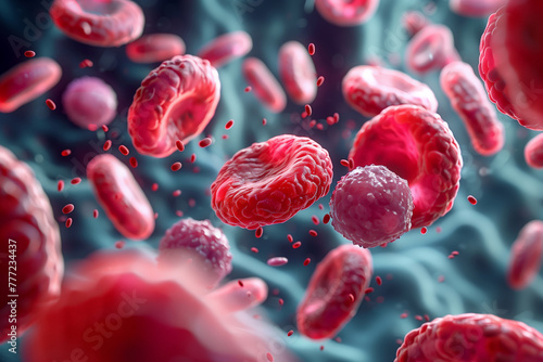 Abstract 3D illustration of blood cells. Background for banner of laboratories, medicine, and science.