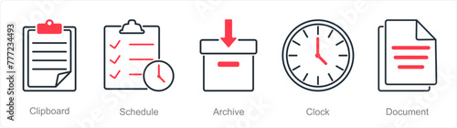 A set of 5 Office icons as clipboard, schedule, archive