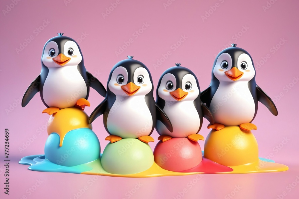 Naklejka premium Lustige 3D-Charakter Pinguine sitzen auf bunter Eiscreme.