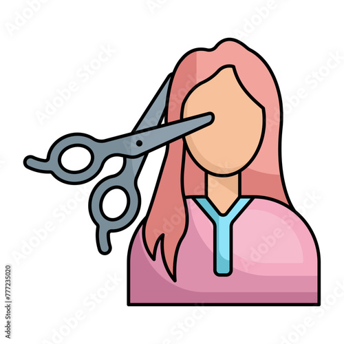 Hairdresser concept, girl with hair thinning scissors in front of face vector icon design, beauty and self-care symbol, decorative cosmetics sign, Medical Spa stock illustration