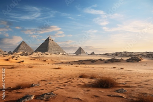 Desert landscape with the pyramids on the horizon.