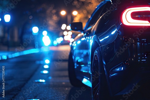 Long exposure photo of blue car lights at night.