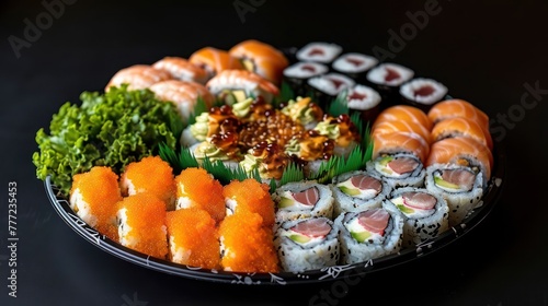 gourmet sushi platter, emphasizing the intricate details of each roll, fresh fish, and vibrant garnishes