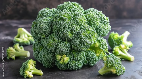 head of fresh broccoli, highlighting the intricate florets, deep green color, and textured stalks