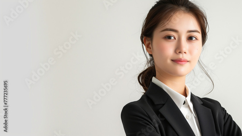 スーツを着て腕を組む若い日本人女性