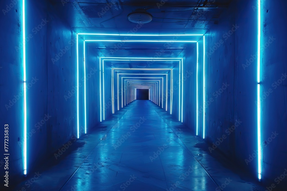Blue neon tunnel and abstract black corridor with light.