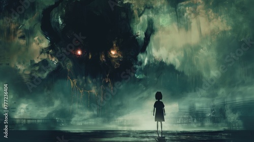 Scary halloween scene with child in haunted forest. The concept of childhood fears and nightmares. Halloween concept 