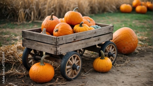 Pumpkins on a vintage cart in a field photo