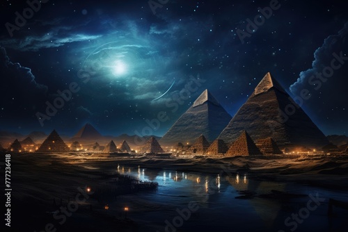 Nighttime shot with the pyramids illuminated.