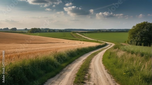 Curvy dirt road through lush green fields