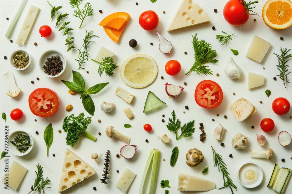 Geometric shapes of ingredients arranged in an abstract culinary pattern. Geometric shapes of ingredients arranged in an abstract culinary pattern.