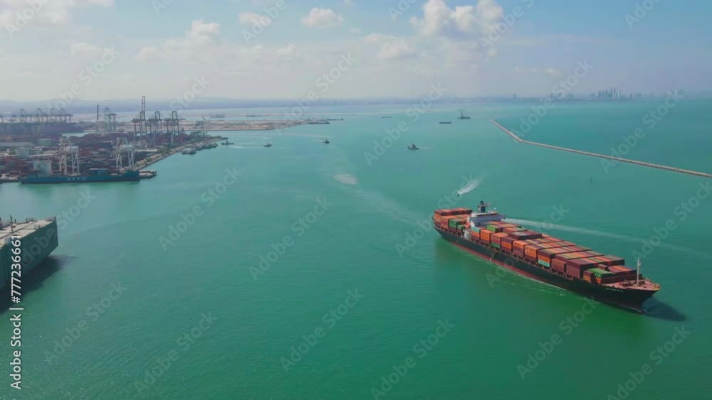 Aerial view of cargo container ship, symbolizing global trade. Factory harbor, import-export hub. Copy space for text. Aerial view of cargo container ship, symbolizing global trade. Factory harbor, import-export hub. Copy space for text.