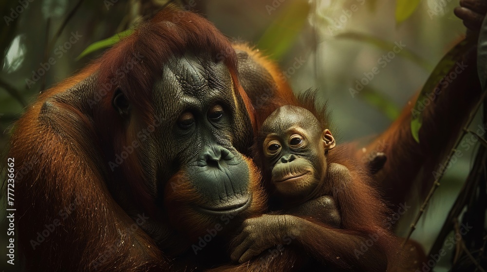 Fototapeta premium Orangutan mother and baby, soft forest light, closeup, gentle care , low texture