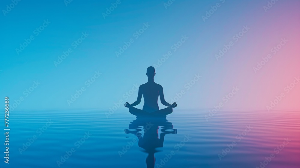 A calm figure meditates isolated on a gradient background of calming blues representing emotional tranquility during Mental Health Awareness Month