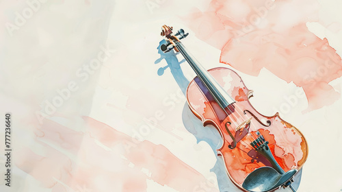 Aesthetic watercolor delicate drawing of violin on light clean background. Musical concept. Copy space. Generative AI
