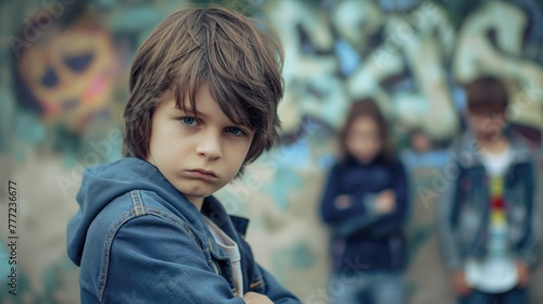 Portrait of a sad little boy standing in front of graffiti wall. School bullying concept photo