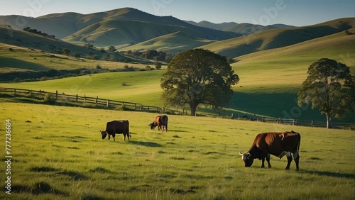 Cattle grazing in a scenic hilly pasture photo