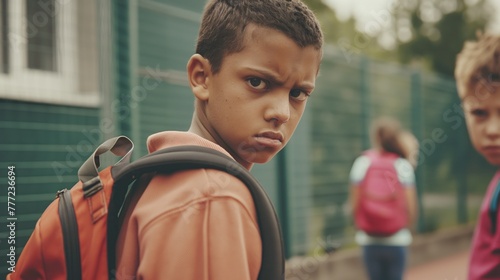Portrait of angry schoolboy with a backpack in the schoolyard. School bullying concept photo