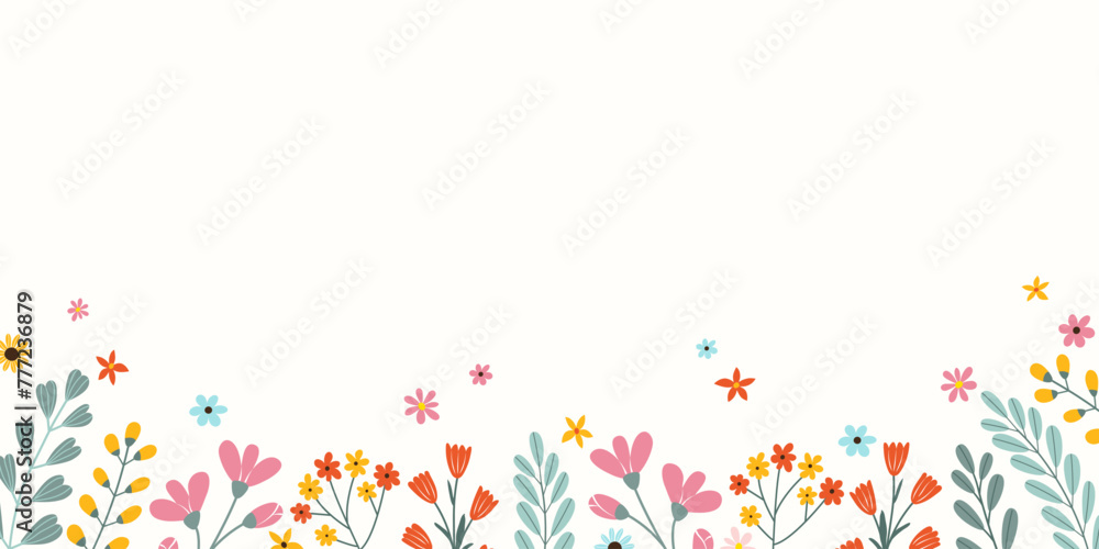 Spring or summer rectangular floral template with empty place for text in flat vector style. Drawing tender different flowers and green leaves. Spring or summer rectangular floral template with empty place for text in flat vector style. Drawing tender different flowers and green leaves.