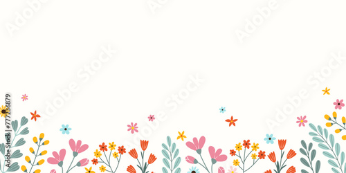 Spring or summer rectangular floral template with empty place for text in flat vector style. Drawing tender different flowers and green leaves.