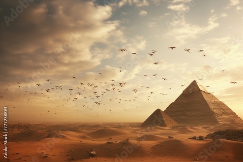 Birds flying over the pyramids.