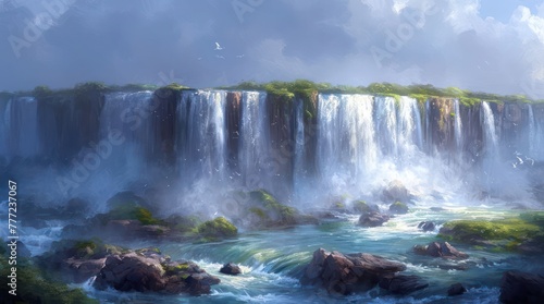 majestic waterfall cascading down a rocky cliff  surrounded by lush greenery and misty atmosphere