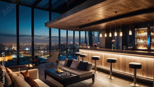 Luxurious skyscraper bar with cityscape view