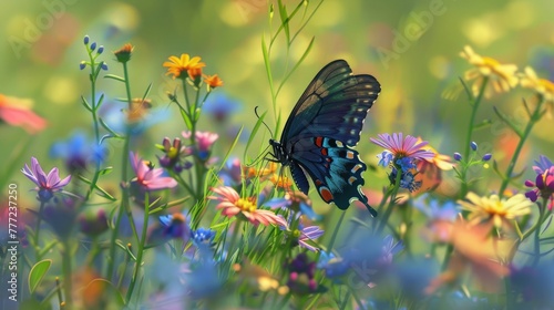 Focus on the silent grace of a butterfly as it alights on a bed of wildflowers, its wings a riot of color against the verdant backdrop of the meadow. photo