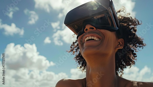 A person wearing a virtual reality headset is immersed in a digital experience, smiling broadly against a backdrop of a glowing sunset.. © Natpasit