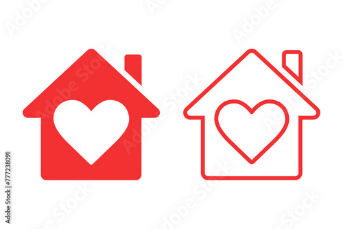 House with heart icon set. Love home icons. Modern residential building.