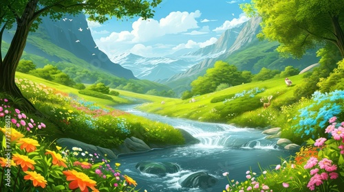 peaceful river flowing through a valley surrounded by colorful flowers and wildlife, emphasizing the tranquility of nature