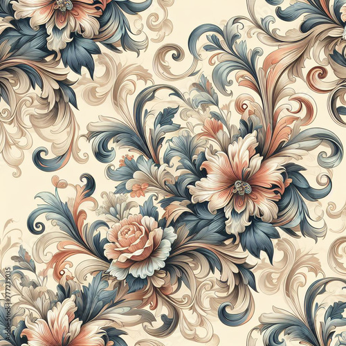 Beautiful floral damask fabric seamless pattern of hand drawn flowers with decorative dark vintage with colorful wallpaper background.