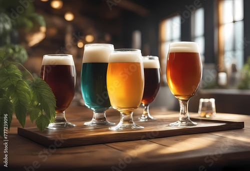 Stylish brewery with a wooden table  a row of crystal-clear glasses awaits a craft beer tasting. focus on savoring high-quality brews in an elegant atmosphere.