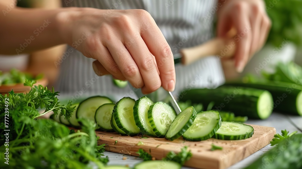 Close shot of woman hand cutting fresh cucumber on wooden board with a big space for text or product and morning fresh vibe, Generative AI.