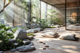 Peaceful meditation zone: Zen garden, floor cushions.