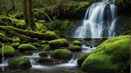 Moss covered rocks around serene waterfall