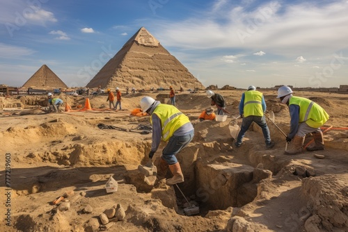 Local archaeologists excavating near the pyramids. photo
