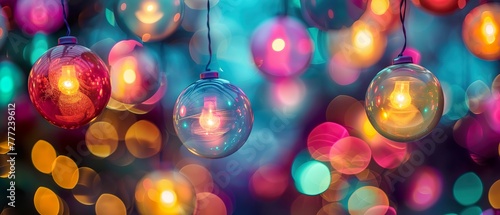 ethereal glow, floating orbs of light changing hues, enhancing the atmosphere with their vibrant colors Realistic, Soft lighting, Bokeh effect, Tilted angle vie