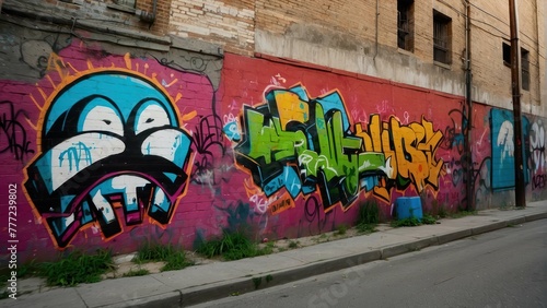 Graffiti art on alleyway walls in urban setting